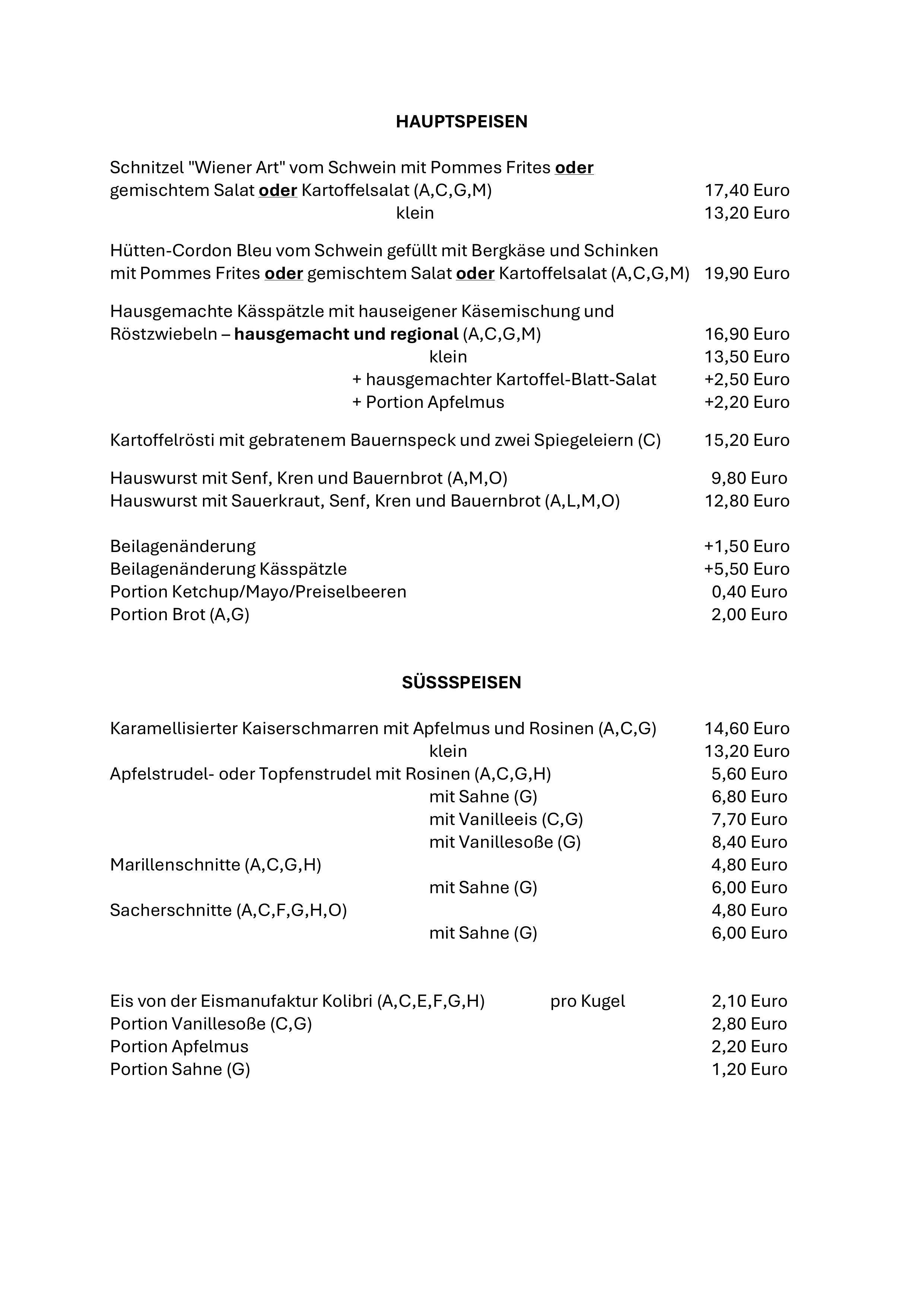Speisekarte, Pfänder Alp, Lochau